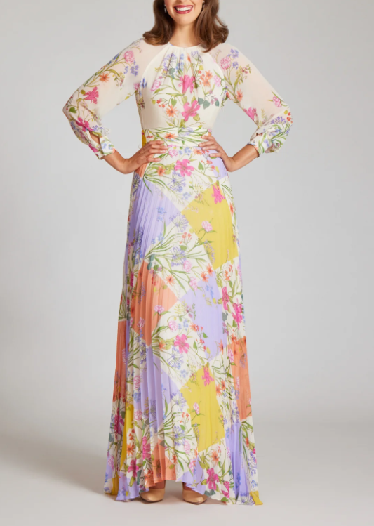 Teri Jon Chiffon Patchwork Floral Print Pleated Maxi Dress - Ivory Multi