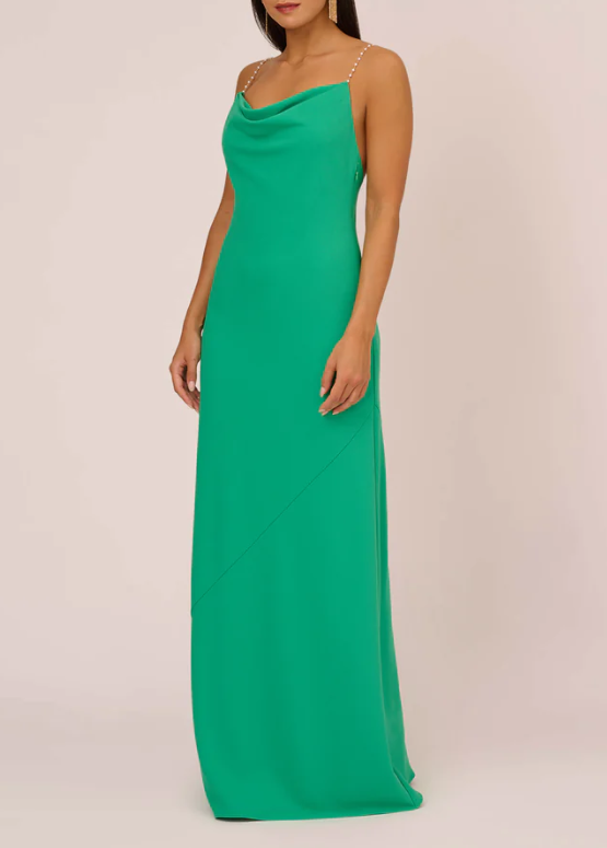 Aidan Mattox Cowl Neck Crepe Column Gown With Pearl Straps - Summer Green