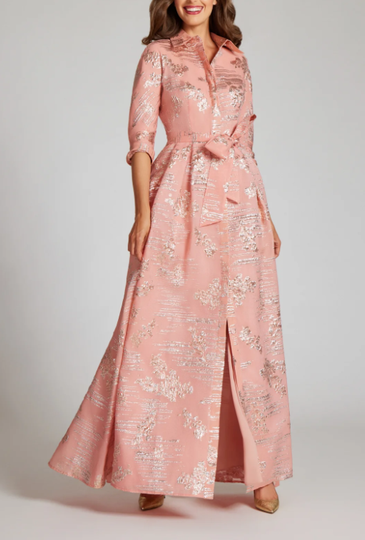 Teri Jon Metallic Jacquard Organza Shirtdress - Peach