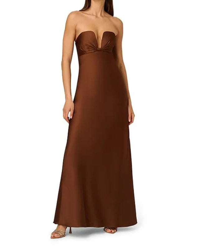 Adrianna Papell Stretch Satin Plunging Neck Strapless Gown - Timber