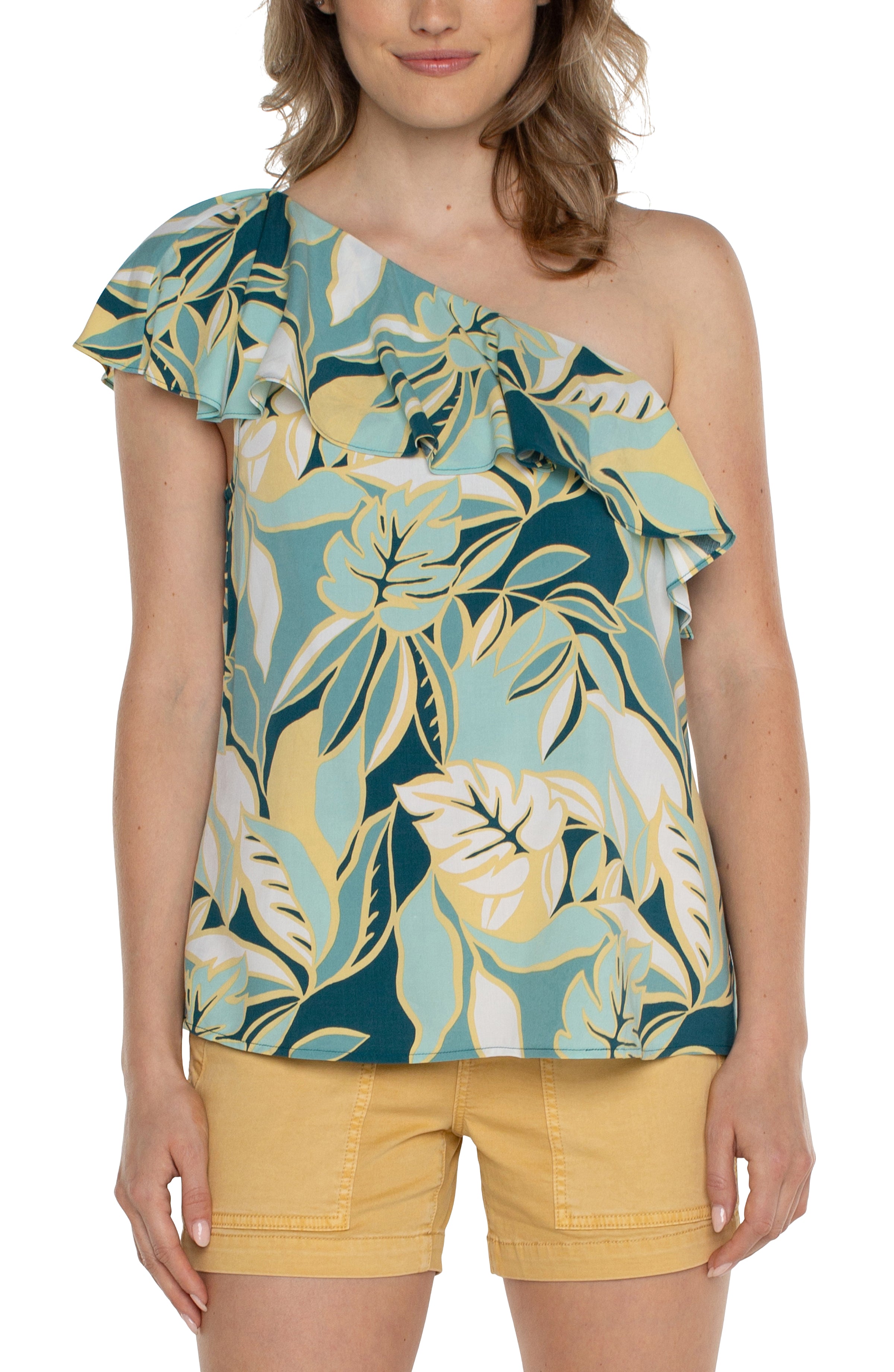 Liverpool One Shoulder Ruffle Woven Top - Teal Tropical